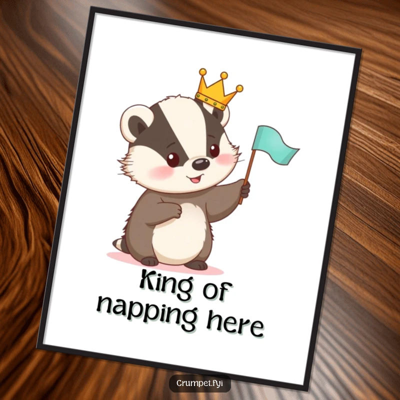 Funny Poster featuring a cute badger wearing a crown, cheerfully waving a small flag, ideal whimsical wall art.