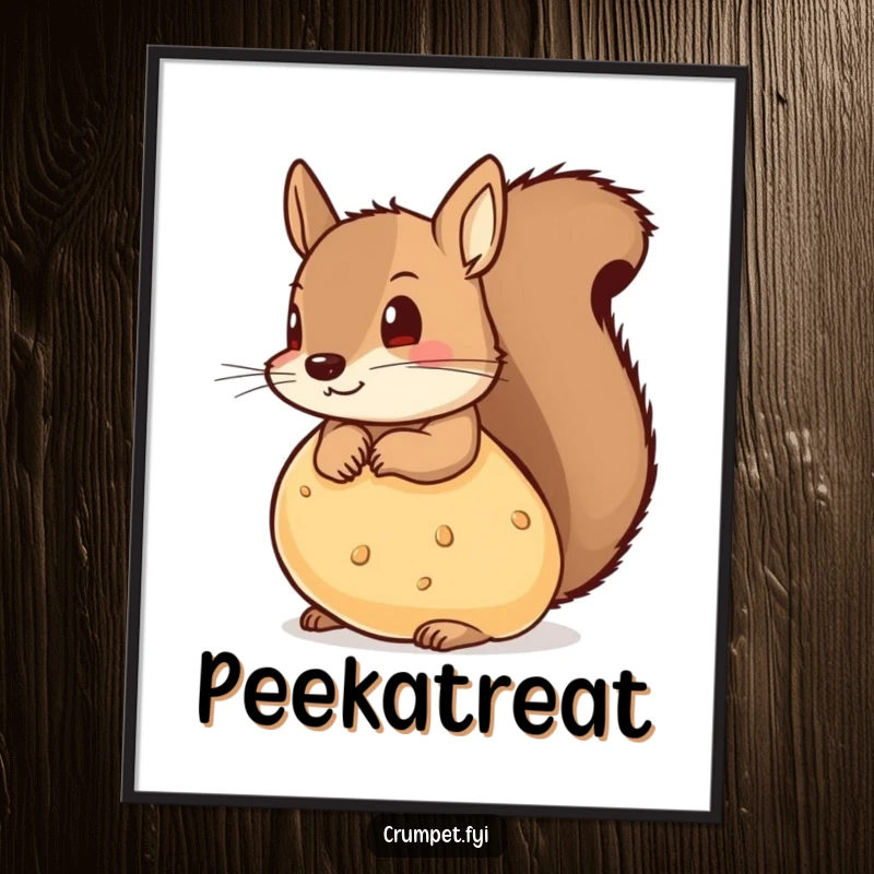 Funny poster depicting a mischievous squirrel peeking out from behind a large, golden-brown crumpet with curiosity.