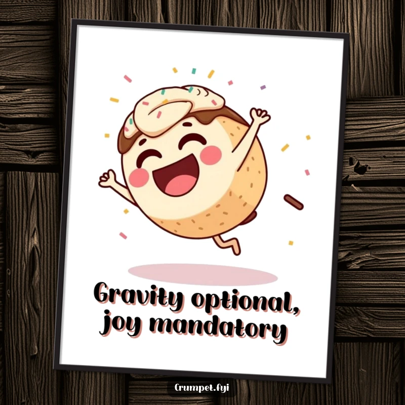 Funny Coffee Cake Poster print displaying a laughing character performing a cartwheel with a whimsical sprinkle explosion, perfect for funny wall decor.
