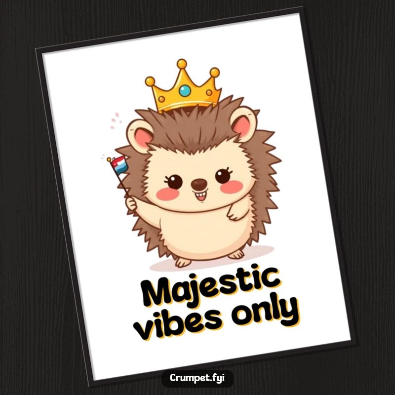 Funny poster art depicting a crowned hedgehog character gleefully waving a miniature flag, symbolizing cheerful leadership and joy.
