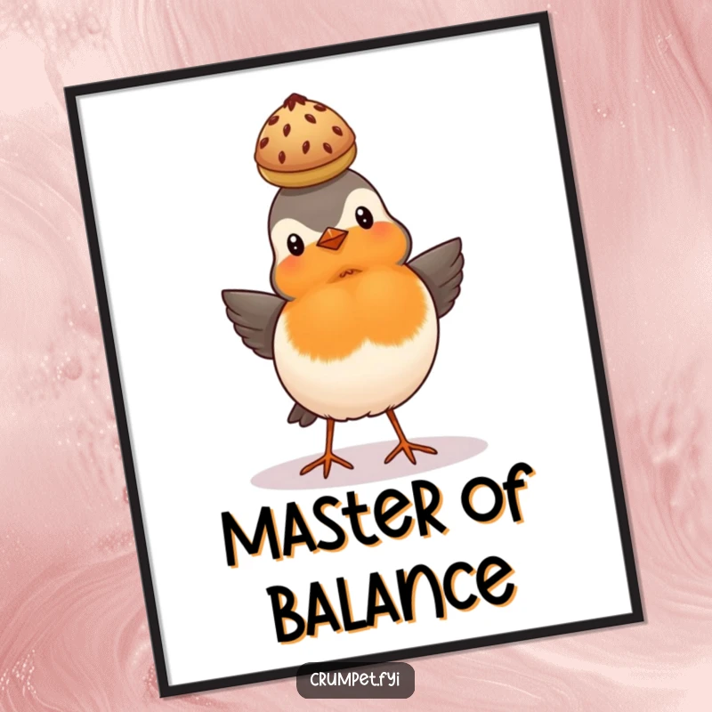 Funny proud robin puffing out its chest balancing a scone on its head, British bird art print.