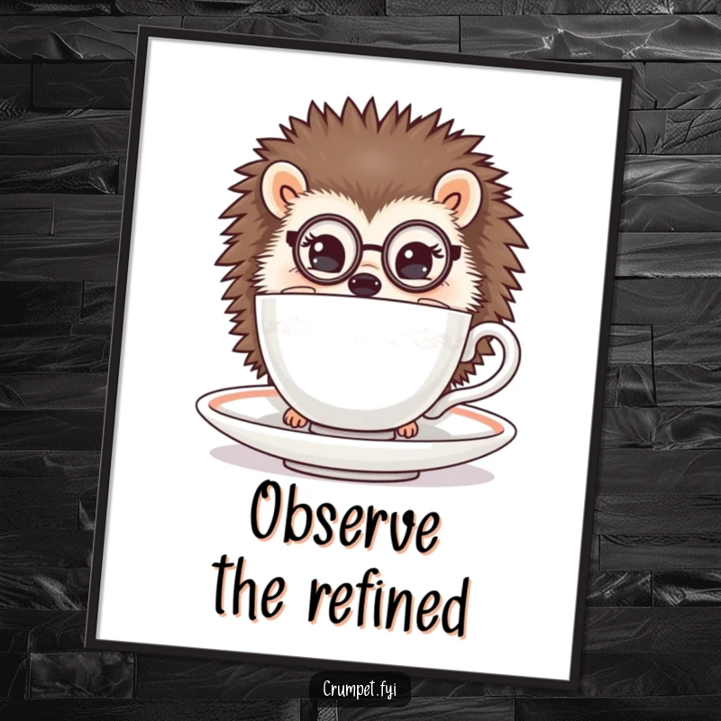 Funny hedgehog poster of a hedgehog with a monocle peeking from behind a teacup, sophisticated wall art and gift.