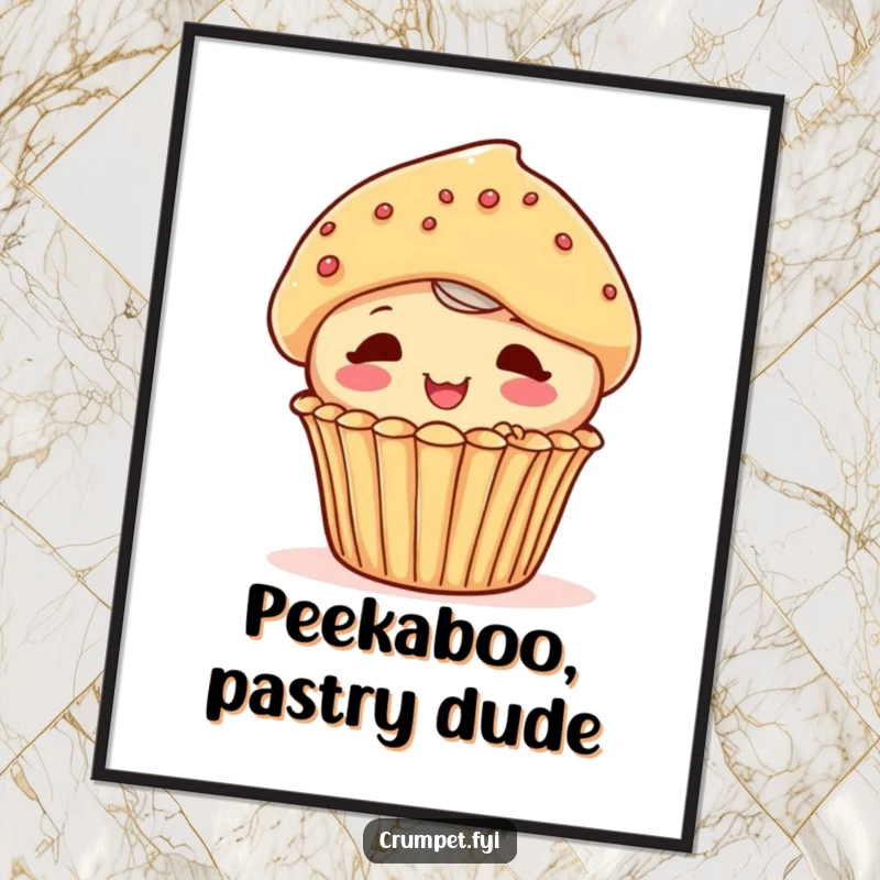 Funny playful muffin character peeking out from behind another pastry in a charming poster, adding a touch of whimsy.