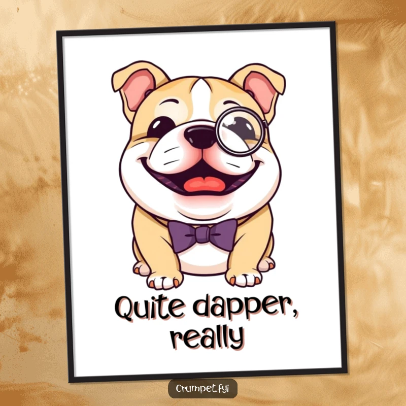 Funny Bulldog Poster: A joyful bulldog with a monocle and bow tie, exuding sophisticated humor, a perfect funny gift.
