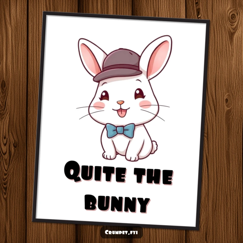 Funny poster depicting a happy rabbit wearing a tiny bowler hat and a bow tie, adding a touch of sophisticated humor to wall decor.