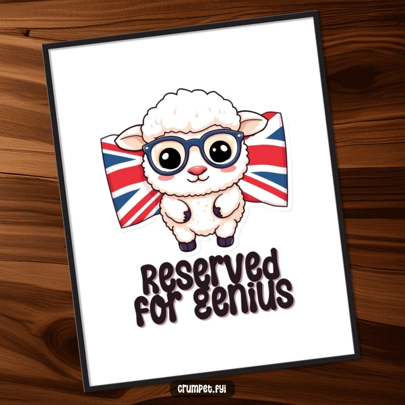 Funny British sheep wearing spectacles peeking from behind a Union Jack flag, humorous art print.