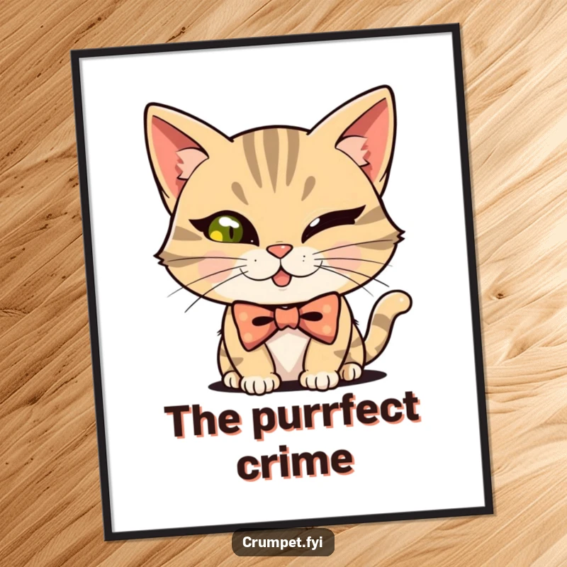 Funny mischievous cat wearing a bowtie, winking playfully, displayed as a charming funny poster.