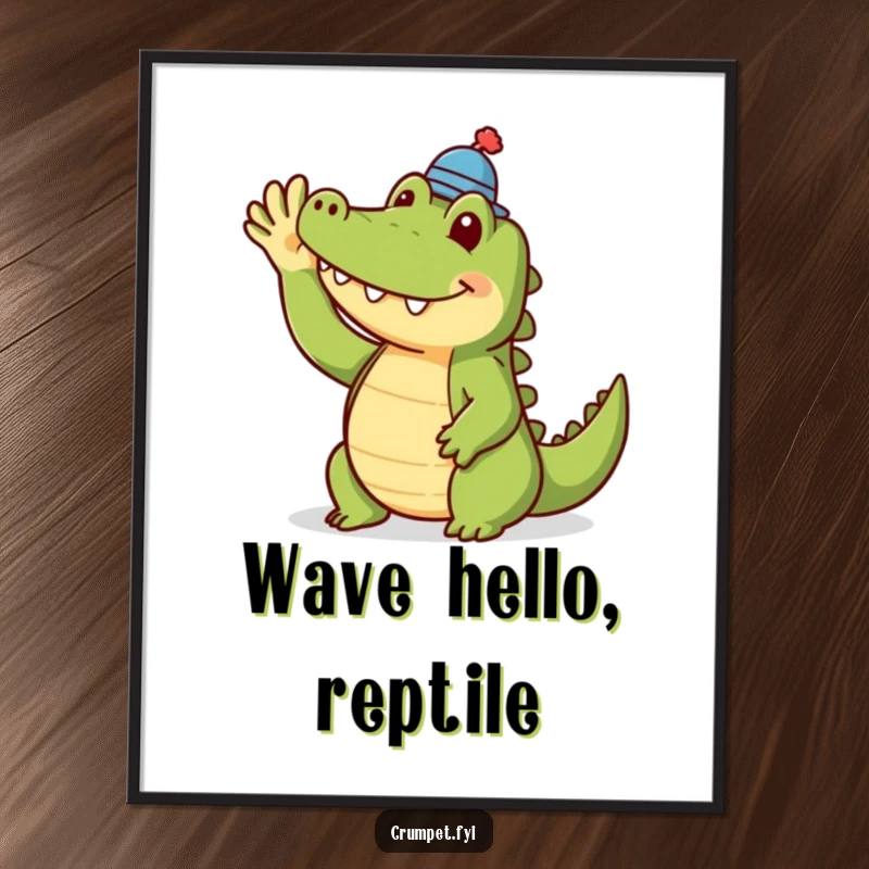 Funny crocodile poster of a smiling crocodile wearing a tiny hat and waving. A cheerful and humorous addition to any collection.