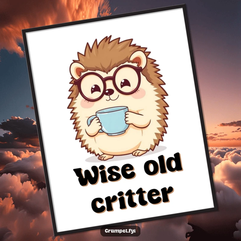 Funny hedgehog with spectacles holding a steaming teacup on a charming poster. A cozy funny gift.