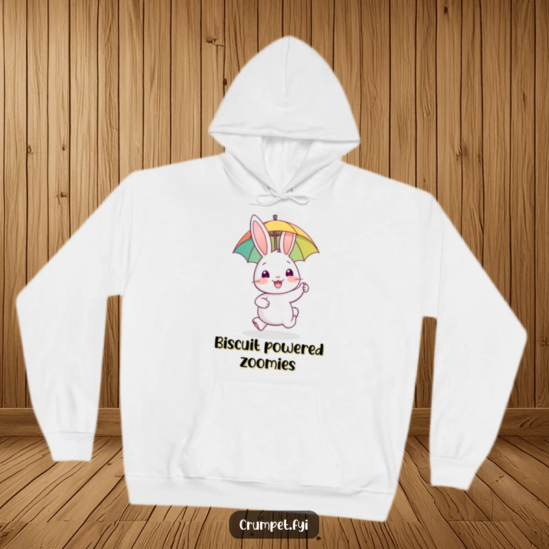 Funny rabbit hoodie, warm casual wear, happy animal hopping with biscuit, cheerful cartoon character, gift for comfort lovers.