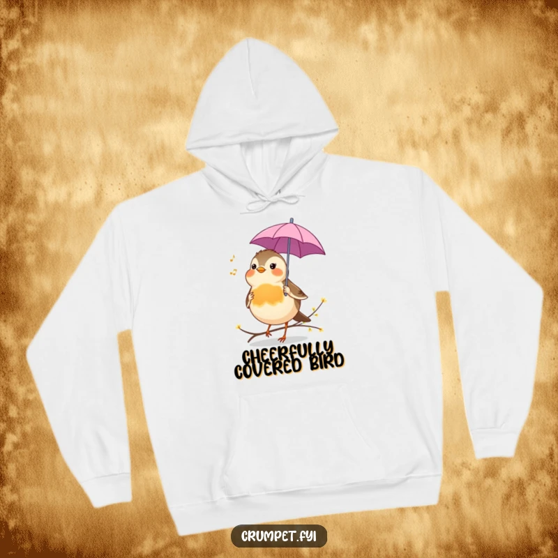 Funny Hoodie of a cheerful robin holding a tiny umbrella, singing a tune, perfect for cozy, humorous wear.
