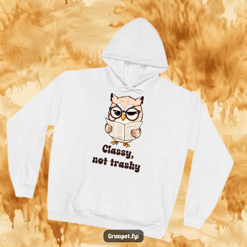 Funny hoodie featuring a monocled owl winking while reading a newspaper, combining warmth with clever humor.