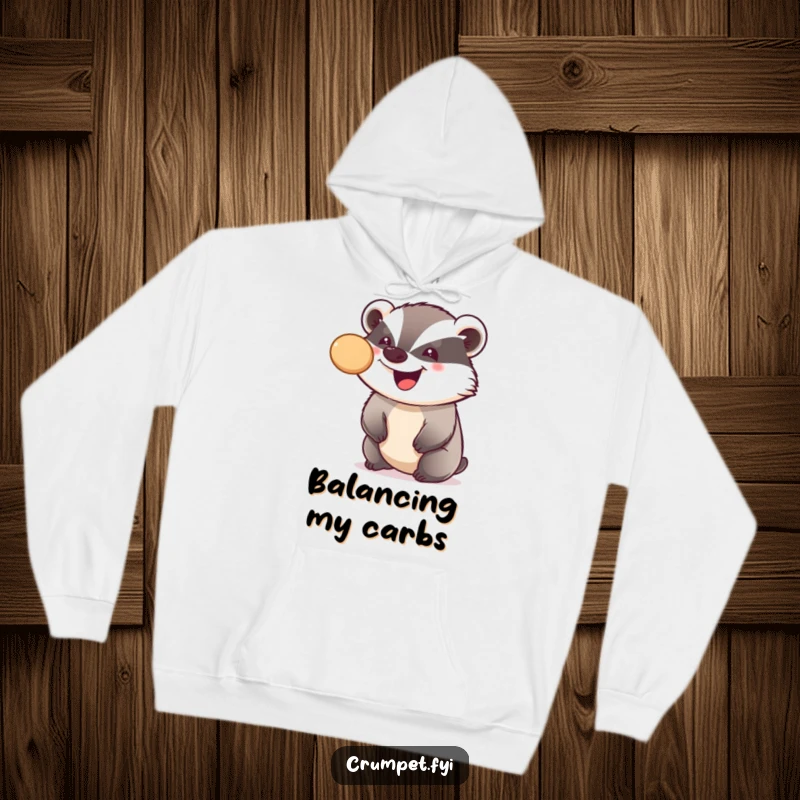 Funny hooded sweatshirt featuring a smiling badger balancing a crumpet on its nose, offering cozy comfort and a humorous statement.