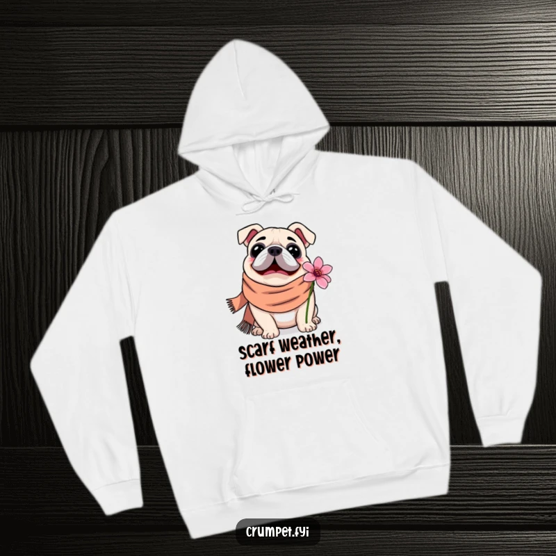 Funny Hoodie with a contented bulldog in a scarf, happily sniffing a flower, offering warmth and a dose of adorable charm.