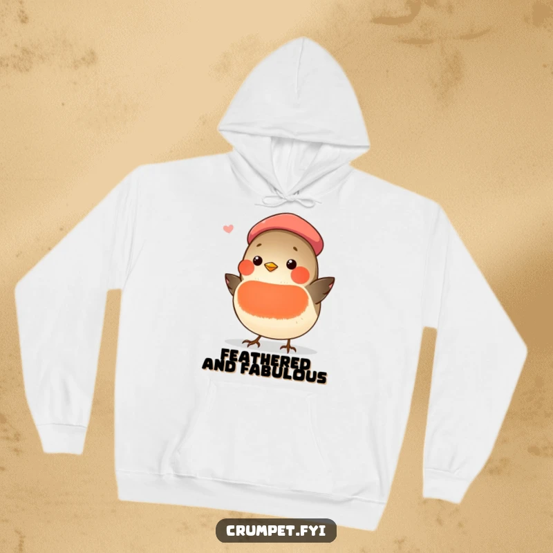 Funny chubby robin wearing a beret sings a tune, depicted on a cozy hoodie, a delightful funny present.