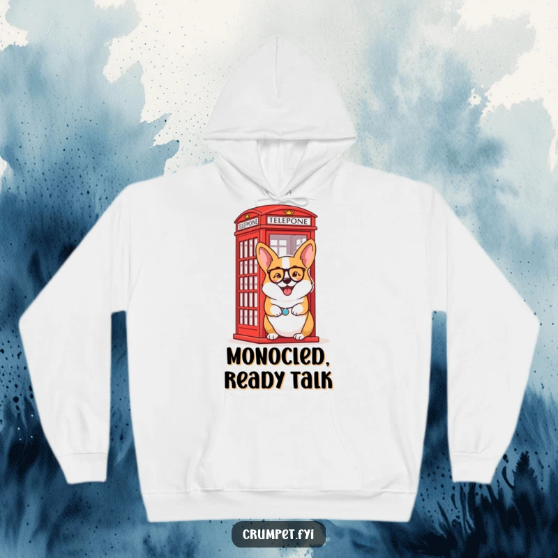 Funny Hoodie: A delighted corgi sporting a monocle winks beside an iconic red telephone box.
