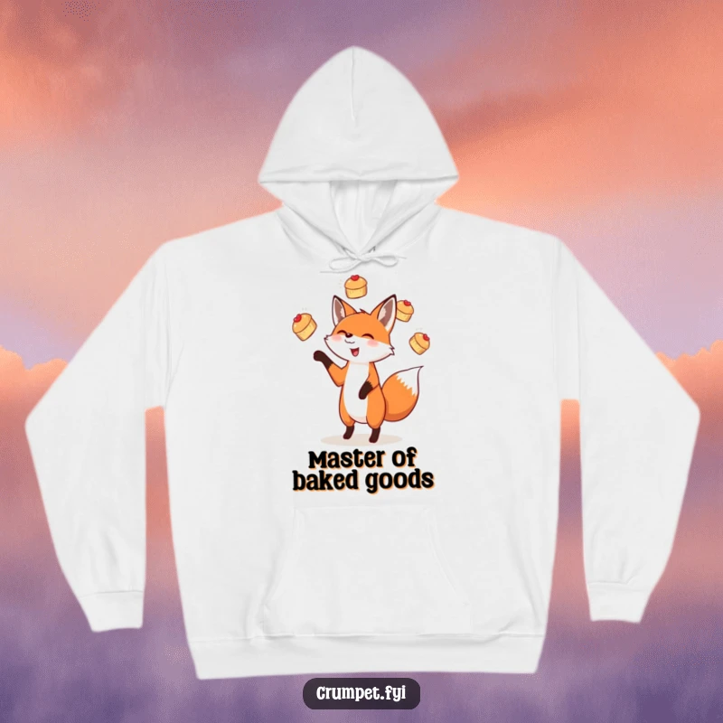 Funny hooded sweatshirt with a delighted fox artistically juggling scones, offering cozy comfort and a humorous statement piece.