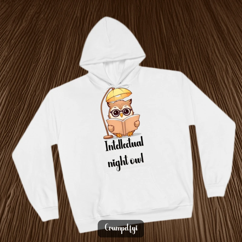 Funny Hoodie with a smiling owl wearing spectacles, reading a book under a lamp, offering warmth and a symbol of intellectual pursuit.