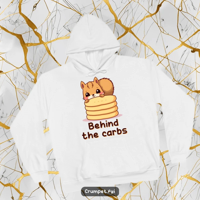 Funny hoodie with a curious squirrel peeking from behind crumpets, offering warmth and humorous appeal.