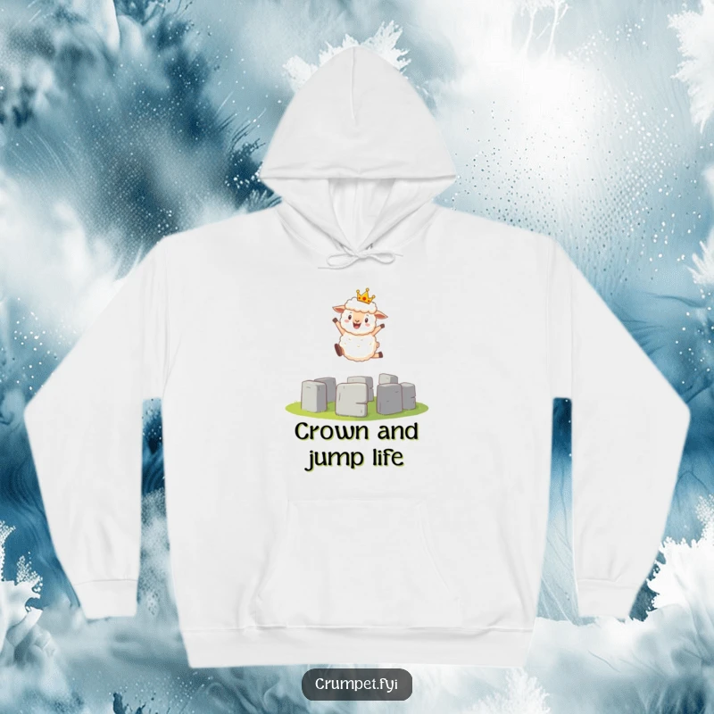 Funny Hoodie: Fluffy sheep wearing a miniature royal crown mid-leap over a tiny Stonehenge monument.