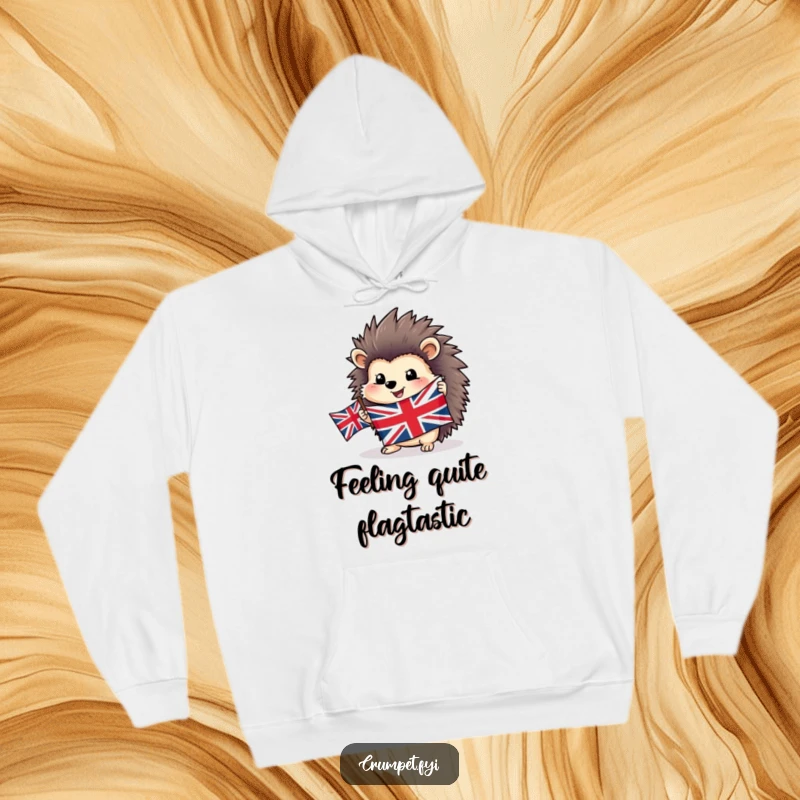 Funny cozy hedgehog hoodie featuring a happy creature holding a Union Jack flag, perfect for patriotic warmth.