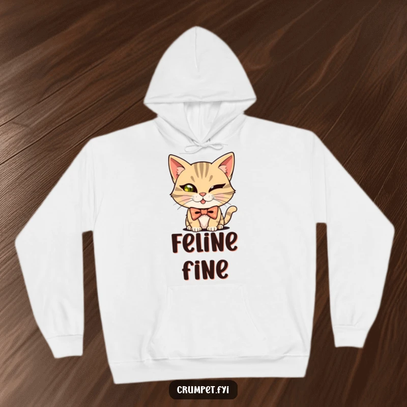 Funny mischievous cat wearing a bowtie, winking with mischief, on a cozy hoodie, a delightful funny gift.