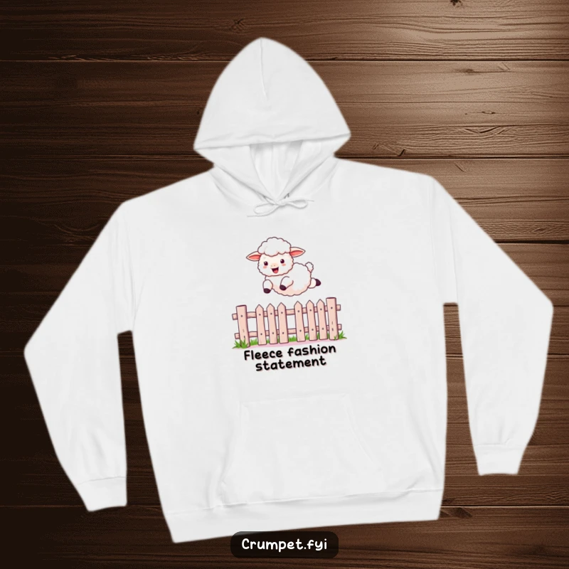 Funny sheep hoodie featuring a fluffy sheep leaping energetically over a picket fence, illustrating a moment of pure, unadulterated farm fun.