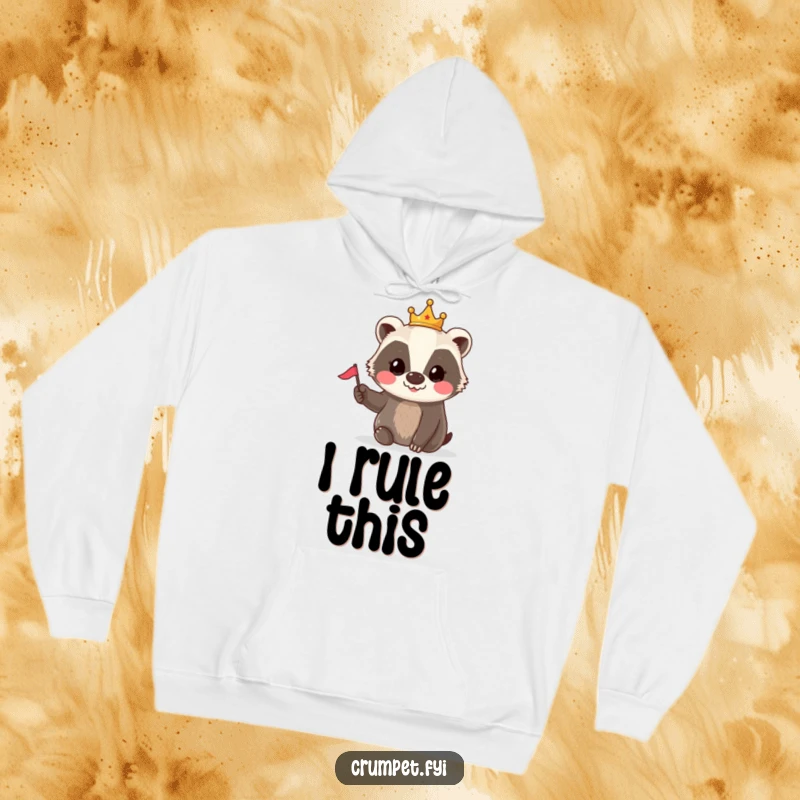 Funny Badger Crown Flag Hoodie: A smiling badger wearing a tiny crown waves a small flag, offering cozy, royal comfort.