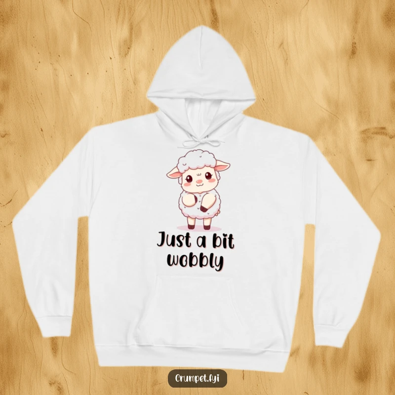Funny fluffy sheep hoodie showing a polite sheep in a clumsy curtsy, perfect cozy and hilarious apparel gift.