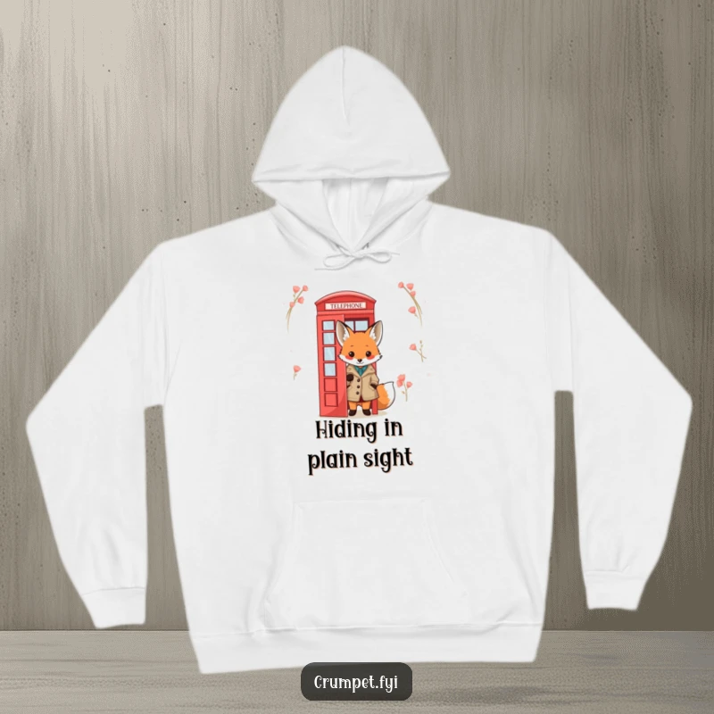 Funny Fox Hoodie: A cute fox in a tweed jacket peeks from behind a red telephone box, offering cozy comfort and playful intrigue.