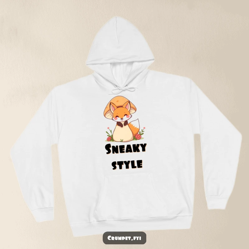 Funny fox hoodie featuring a playful fox peeking from behind a large mushroom, offering warmth and a touch of woodland magic.