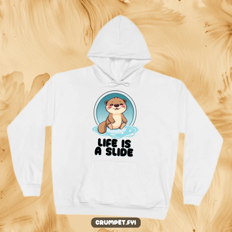 Funny Otter Hoodie: A giggling otter slides down a water slide, offering cozy comfort and playful humor, a brilliant funny gift.
