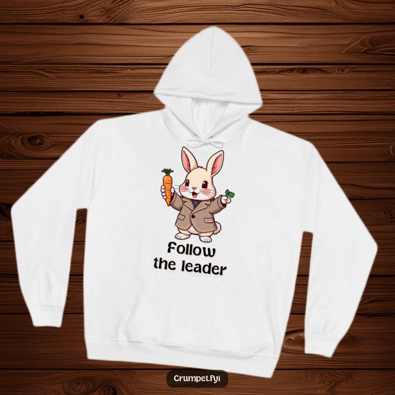 Funny rabbit hoodie with a rabbit in a tweed jacket pointing with a carrot, comfortable and humorous gift.