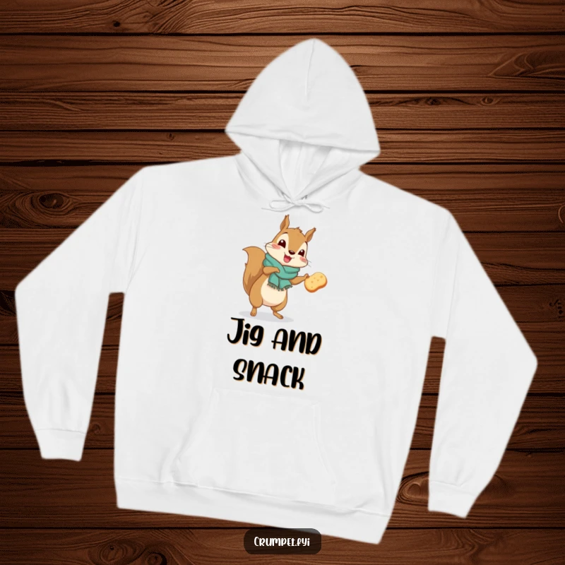 Funny squirrel wearing a scarf and doing a silly jig holding a crumpet on a hoodie.