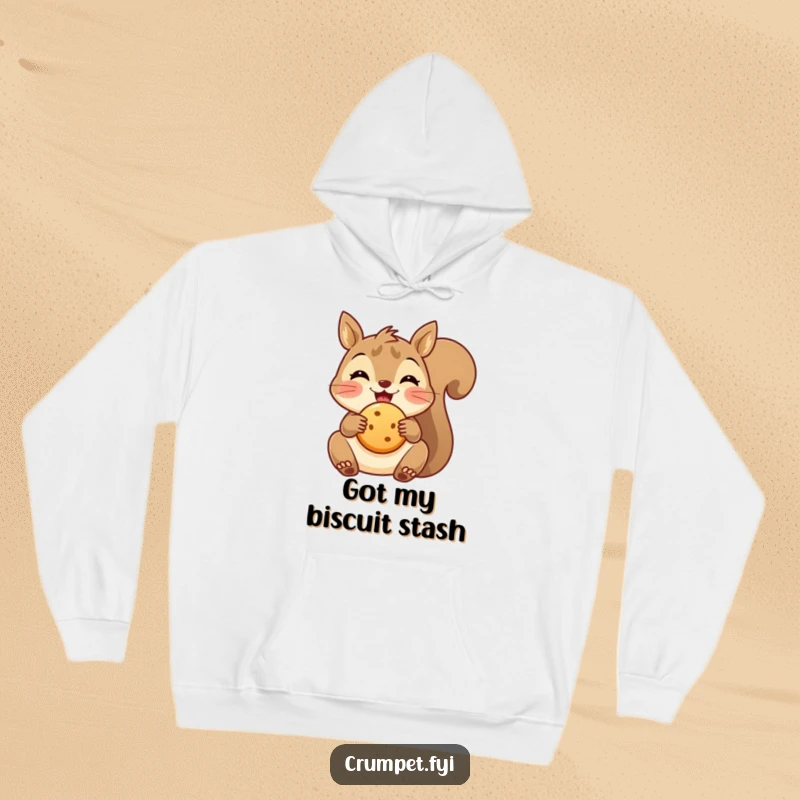 Funny cozy squirrel hoodie holding a small biscuit, bringing warmth and snack-time delight.