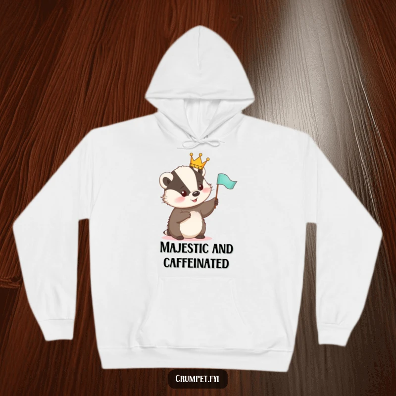 Funny Hoodie depicting a cute badger with a tiny crown, joyfully waving a small flag, ideal for cozy, humorous wear.