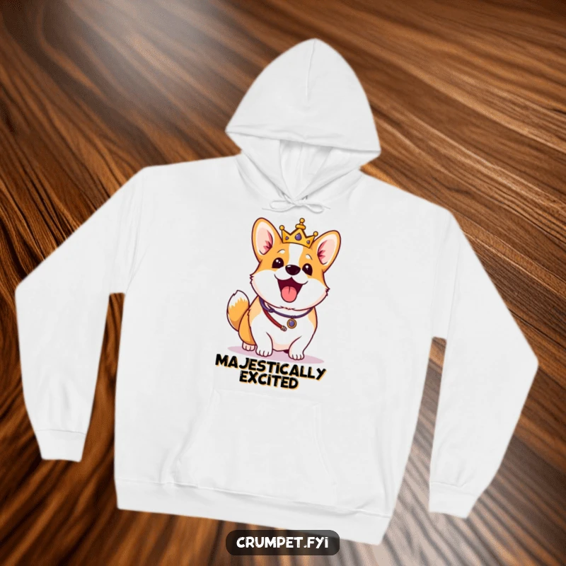 Funny Corgi Hoodie: An excited corgi in royal regalia wags its tail vigorously, offering cozy comfort and regal, humorous style.