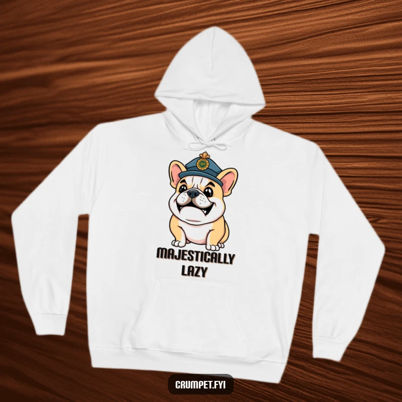 Funny Hoodie: A happy bulldog in a ceremonial hat strikes a confident pose, offering cozy and regal humor.