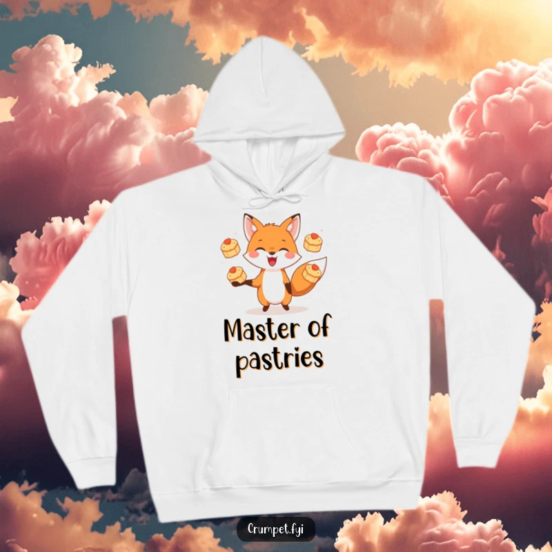 Funny hoodie showing a gleeful fox skillfully tossing three tiny scones in the air with a playful expression.