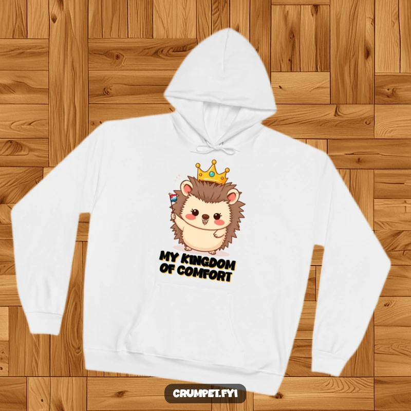 Funny hoodie graphic of a cheerful hedgehog wearing a crown, proudly waving a miniature flag, exuding happy royalty.