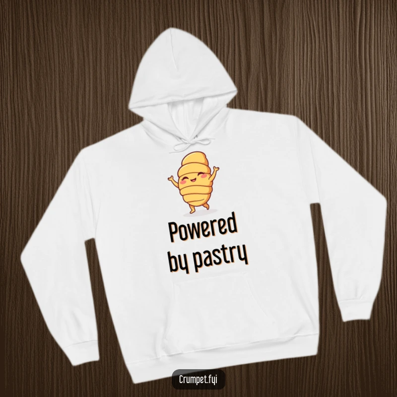 Funny hoodie with a happy croissant character doing a silly dance, providing cozy comfort and delightful baked goods humor, great funny gift.