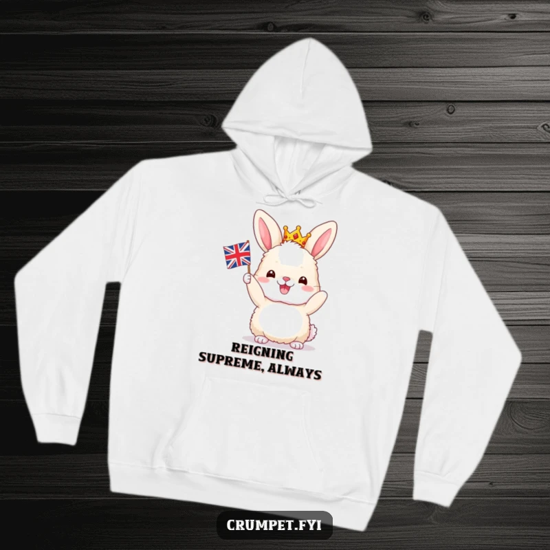 Funny Bunny Hoodie: A fluffy bunny in a crown joyfully waves a tiny Union Jack, offering cozy comfort and hilarious British flair.