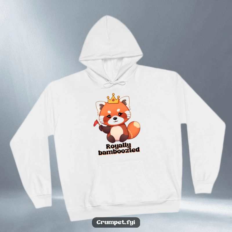 Funny red panda hoodie showing a cute red panda wearing a tiny crown and waving a small flag, looking cheerful.