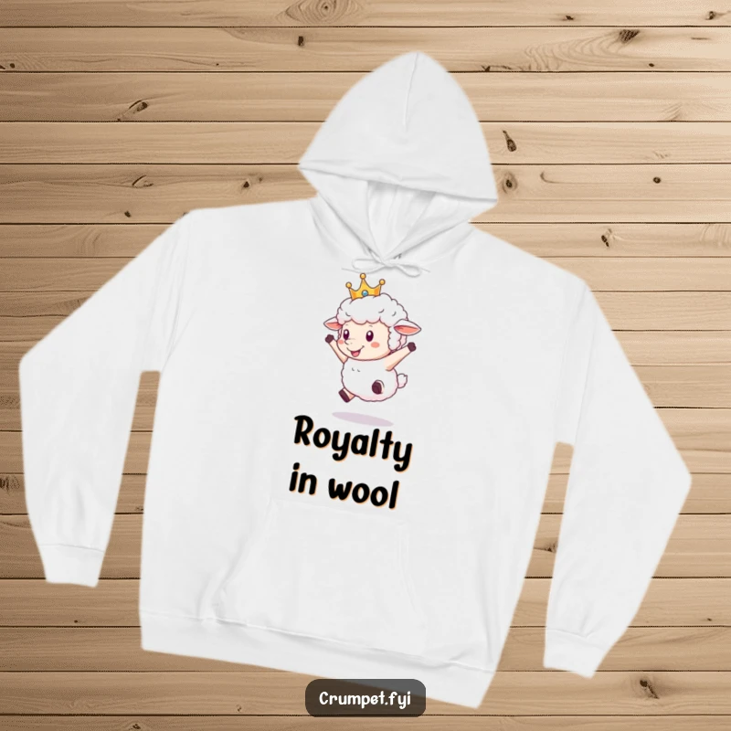 Funny Sheep Hoodie showing a fluffy sheep wearing a golden crown, leaping high with joy, a cozy and humorous apparel.