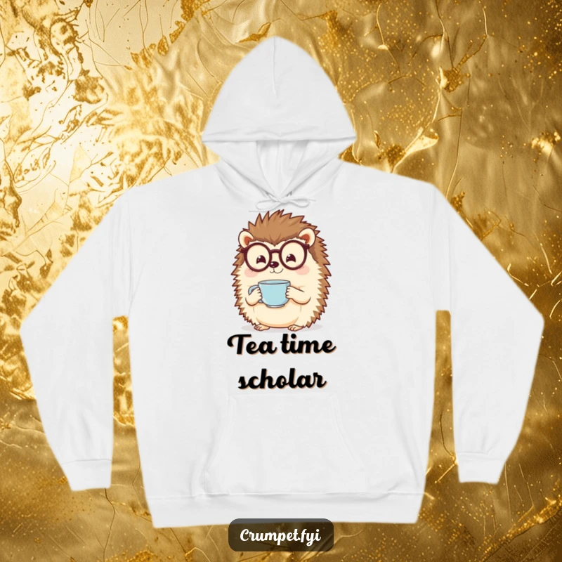 Funny hedgehog wearing spectacles, holding a steaming teacup, on a warm hoodie. A cozy funny gift.
