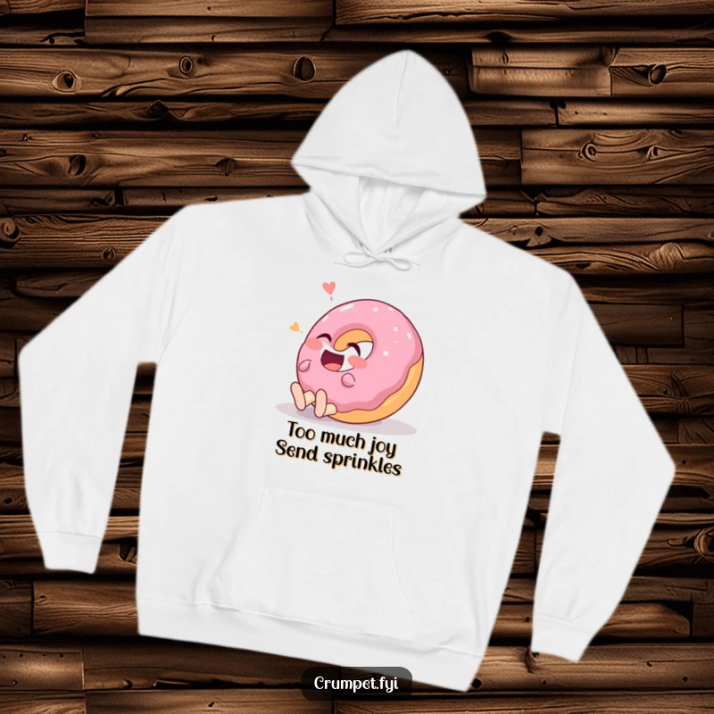 Funny donut character rolling on the ground with laughter on a cozy hoodie, exuding infectious happiness.