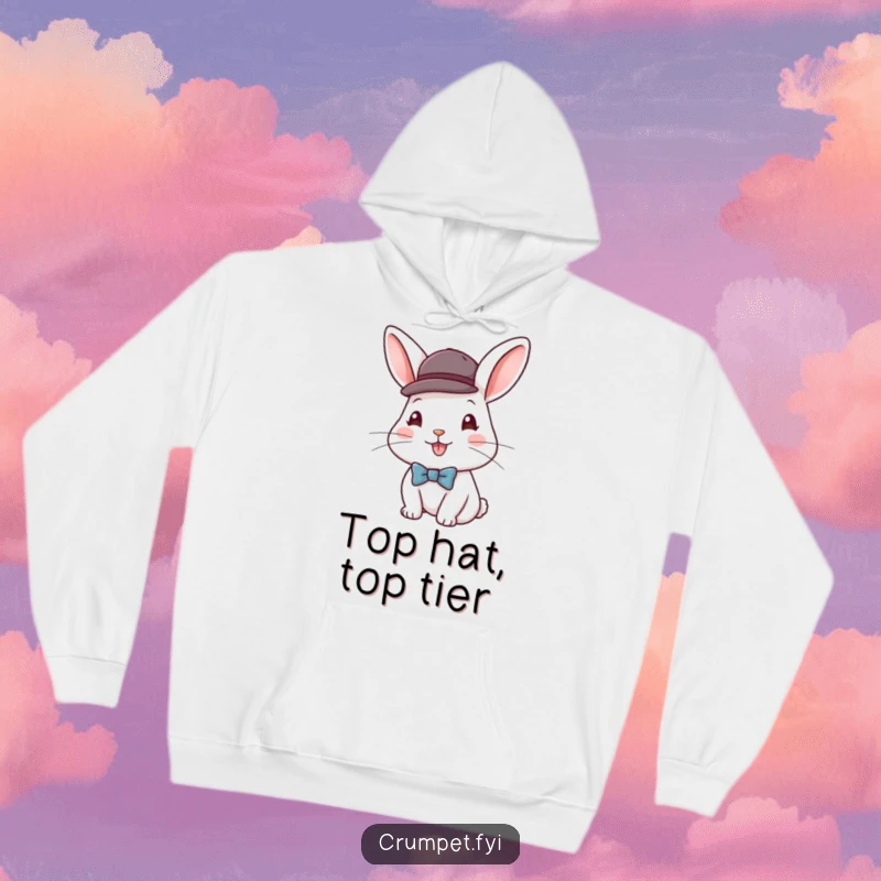 Funny hooded sweatshirt featuring a happy rabbit dressed in a bowler hat and bow tie, offering cozy comfort and a touch of class.