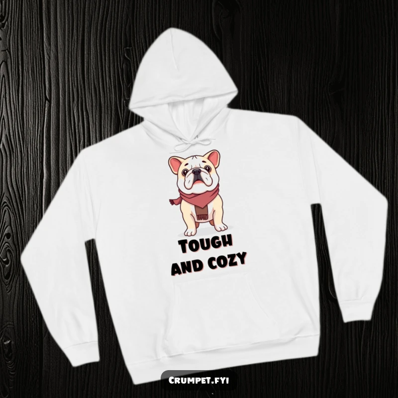 Funny proud bulldog wearing a scarf, standing tall and unwavering, on a cozy hoodie, a delightful funny gift.