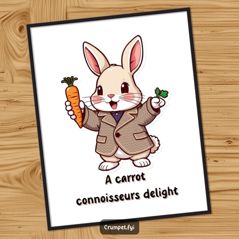 Funny Free Printable Wall Art: A rabbit wearing a tweed jacket enthusiastically points with a carrot, adding clever charm to decor.