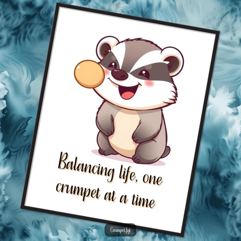 Funny Free Printable Wall Art: A smiling badger playfully balancing a crumpet on the tip of its nose.